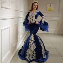 Mermaid Royal Blue Velour Prom Dresses Moroccan Kaftan Gold Lace Long Flare Sleeve Evening Gowns Custom Made Saudi Arabic Dress 2024 - buy cheap