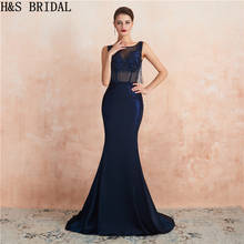 H&S BRIDAL Evening Dress 2019 for Women Mermaid Long Navy Sheer Tissue Beading Lace Appliques Formal Gowns Prom Party 2024 - buy cheap