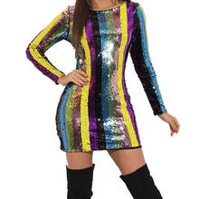 Multicolor Striped Sexy Sequin Dress Women O-neck Long Sleeve Open Back Backless Mini Dress Going Out Club Party Sparkly Dresses 2024 - buy cheap