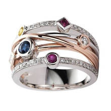 Роскошное геометрическое обручальное кольцо с кристаллами, модное женское кольцо с радужным цирконием и камнем, обручальные кольца цвета розового золота и серебра для женщин 2024 - купить недорого
