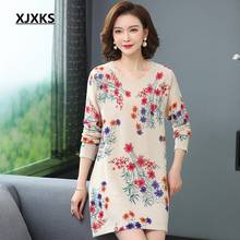 XJXKS 2020 Spring Midi Long Sweaters For Women New O-Neck Print Knitted Pullovers Lady 100% Wool High-end Casual Sweater 2024 - buy cheap