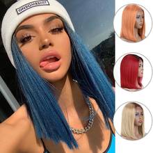 Rebecca Silky Straight Short Bob Lace Front Human Hair Wigs For Women ombre bule blonde pink  Color Middle Part Ombre Lace Wig 2024 - compre barato