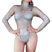 Серебряные стразы, блестящие полосатые боди с длинным рукавом, водолазка, Женский танцевальный костюм, женская одежда для вечеринки, костюм со стразами 2024 - купить недорого