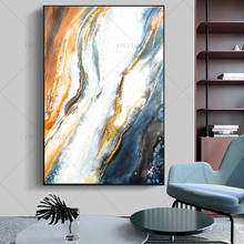 Pintura abstrata dourada à mão, arte para parede, azul, cinza, tela, pintura de parede dourada, para sala de estar, decoração de casa, nórdico 2024 - compre barato