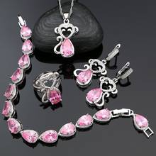 Conjuntos de joias prateados 925 com formato de macaco, para mulheres, rosa, zircônia cúbica, pingente de brinco, pulseira, colar 2024 - compre barato