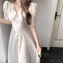 Elegante decote em v midi vestido feminino verão manga puff branco casual vestido de festa feminino escritório kawaii renda vestido de uma peça coreana y2k 2024 - compre barato