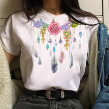 Nova camiseta feminina estampada com penas florais, camiseta feminina de manga curta para o verão, camisetas femininas para os anos 90 2024 - compre barato