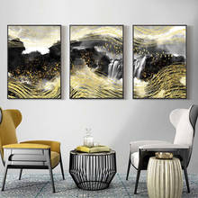 Yumeart-pintura en lienzo para sala de estar y hogar, póster impreso de línea dorada, montaña Negra, cascada, niebla, paisaje, imágenes artísticas de pared 2024 - compra barato