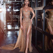 Illusion Gold Mermaid Evening Dresses With Crystal Beaded Sexy Side Split One Shoulder Prom Dress 2020 Luxury Long Formal Gowns 2024 - buy cheap