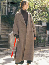 2020 New Winter Women Woolen Coat Korean Version Retro Long Belt Coat Hepburn Long Sleeve Lattice Woolen Coat Female Outwear 2024 - buy cheap