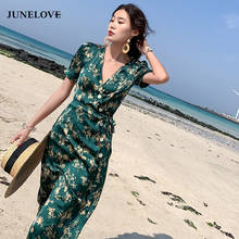 Vestido de satén verde con estampado Floral para mujer, elegante vestido bohemio para vacaciones, playa, Midi Tropical, Vintage coreano 2024 - compra barato