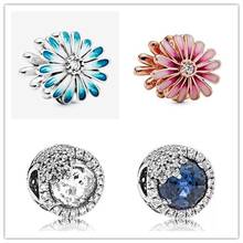 925 Sterling Silver Charm Blue Daisy Flower Charm Bead Fit Women Pandora Bracelet & Necklace Jewelry 2024 - buy cheap