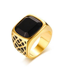 Anel semi-precioso masculino, anel quadrado preto com pedra sinete dourada, aço inoxidável para homens, acessórios de joias masculinas 2024 - compre barato