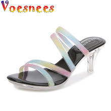 Voesnees 2021 New Women Shoes Shallow Mouth Summer Sandals Female Slippers Color Tape Thin Heels Slides Sexy Crystal High Heels 2024 - buy cheap