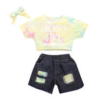 FOCUSNORM 1-6Y Fashion Kids Girls Clothes Sets 3pcs Tie-Dye Letter Printed Short Sleeve T Shirts Denim Shorts 2024 - buy cheap