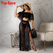 Hot Sale Fashion Woman Set Sexy Hollow Handmade Tassel Off The Shoulder Crop Top And Beach Skirt Casual See Through Suit Vintage 2024 - buy cheap