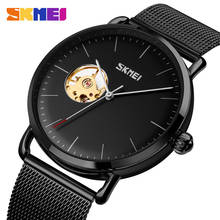 SKMEI-Reloj de pulsera mecánico automático para hombre, cronógrafo sencillo de negocios con esfera hueca, correa de red de acero inoxidable, de moda 2024 - compra barato