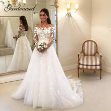 Элегантные свадебные платья трапециевидной формы с кружевной аппликацией, прозрачное декольте, длинные рукава, фатиновые свадебные платья 2024 - купить недорого