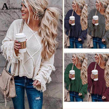 White Blue Leisure Sweater Women Flare Sleeve Tassel Patchwork Loose Sweaters 2019 Casual Autumn Winter Female Knitted Pullovers 2024 - buy cheap