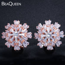 BeaQueen Trapezoid Cubic Zirconia Big Snowflake Flower Stud Earrings Rose Gold Color Sparkly Wedding Jewelry for Women E059 2024 - buy cheap