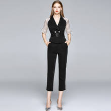 Модельный женский брючный костюм JSXDHK, модная летняя рубашка с воротником с отворотом из органзы в стиле пэчворк + брюки с поясом с высокой талией и карманами 2024 - купить недорого