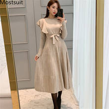 2020 Spring Korean Ruffles Pleated Long Dress Women Long Sleeve O-neck Solid Elegant Fashion Sweater Dresses Vestidos 2024 - buy cheap