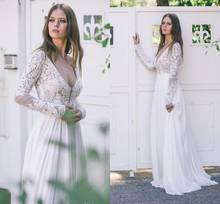 2020 Sexy Open Back Lace Long Sleeves Country Bohemian Wedding Dress Cheap Vinatge Deep V Neck Lace Top Chiffon Beach Boho Brida 2024 - buy cheap