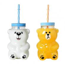 Botella de agua con forma de oso de dibujos animados para niños, vaso creativo de vidrio resistente al calor con pajita, botellas para beber leche y zumo, 550ml, 1 unidad 2024 - compra barato