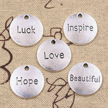 15 Uds. De abalorios de placas con mensaje de "Love Luck Inspire Beautiful Hope", colgantes de Color plata antigua de 20x20mm, joyería tibetana 2024 - compra barato