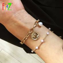 F.J4Z 2019 Hot Hit-Hop Gold Chain Women Bracelets Simulated Pearl Beaded Heart Coin Cross Charms Bangle Bracelets Gifts Dropship 2024 - buy cheap