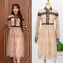 Kpop IU Lee Ji Eun корейское дамское темпераментное милое кружевное платье с длинными рукавами женское осеннее новое платье средней длины с высокой талией 2024 - купить недорого