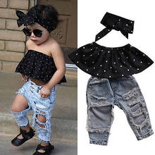 3pcs Toddler Children Baby Girls Clothes Set Dot Sleeveless Tops+Hole Denim Jeans Pants Headband Outfits Clothing Set 2024 - buy cheap