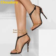 Choudory-Sandalias de tacón de leopardo para mujer, zapatos de vestir de tacón alto fino con barra en T, con tiras doradas de retales, coloridos 2024 - compra barato