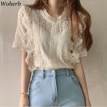 Woherb  Short Sleeve Shirts Hollow Out Korean Fashion Blouse 2022 Summer Elegant Lace Tops Women Blusas Mujer Elegante 2024 - buy cheap