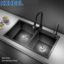KOHEEL Dark-Gray Handmade Brushed Stainless Steel Farmhouse Kitchen Sink Kitchen Sink Double Bowl Above Sink Wastafel FKS10 2024 - buy cheap