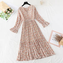 Floral print chiffon dress women V neck casual long Dresses female spring and autumn 2020 new small fresh pleated dress vestidos 2024 - buy cheap