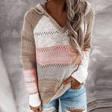 2020 Autumn V Neck Patchwork Hooded Sweater Women Casual Long Sleeve Knitted Sweater Top Winter Striped Elegant Pullover Jumpers 2024 - buy cheap