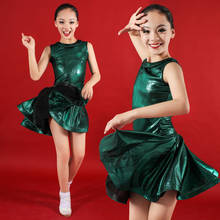 Vestido de dança latina para meninas manga longa verde shinny padrão salão de baile palco vestidos para crianças desempenho vestir trajes 2024 - compre barato
