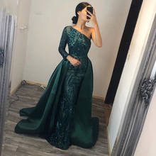 Elegant Green Mermaid Evening Dress 2021 Muslim One Shoulder with Detachable Train Sequin Lace Prom Party Gowns robes de soirée 2024 - buy cheap