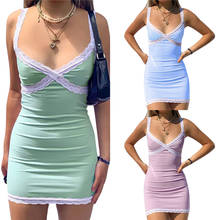 Hot Sale Women Solid Color Lace Trim Mini Dress, Sling V Neck Bodycon One Pieces Dresses Clothes 2024 - buy cheap