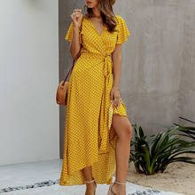 Summer Fashion V-Neck Polka Dot Ruffles Long Dress Women Boho Sashes Short Sleeve Casual Slim Robe Asymmetrical Maxi Vestidos 2024 - buy cheap