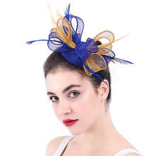 Chapéu fascinator cabelo dourado-azul real-casamento-com penas 2024 - compre barato