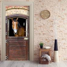 Mural de puerta 3D, pegatina de puerta estable de caballo marrón, papel tapiz, calcomanía de impresión de pared, decoración de pared, Mural de Foto, envoltura de puerta autoadhesiva 2024 - compra barato
