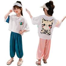 Children Cartoons Sequin Cat T-shirt Wide Leg Pants Two Piece Sets Blue Pink Summer Kids Christmas Outfit Girls Clothes Suits 2024 - buy cheap