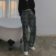 Focal20-pantalones de calle con estampado de leopardo para mujer, pantalón de pierna ancha con cintura elástica, holgado e informal, color verde oscuro, otoño 2024 - compra barato