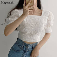 Blusa feminina curta moderna coreana, camiseta de manga bufante floral para verão com gola quadrada, elegante, 14739 2024 - compre barato