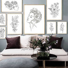 Moderno nórdico preto e branco abstrato arte da parede esboço desenho flores bela menina cartaz quadros em tela sala decoração 2024 - compre barato