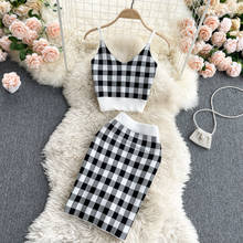 Style Suit Sweet Women Short Suspender Top And High Waist Hip Skirt New 2021 Summer Fashion Plaid Ladies Knitted Two Piece Set 2024 - buy cheap