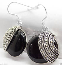 FREE SHIPPING handmade 925 Sterling Silver 18*18mm nature black gem Jade Beads Marcasite Earrings 2024 - buy cheap