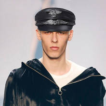 Los hombres de las mujeres de cuero gorra de marinero de algodón negro sombreros militares mujer hombre otoño gorra de moda del ejército de diseñador de lujo Baker gorra de niño 2024 - compra barato